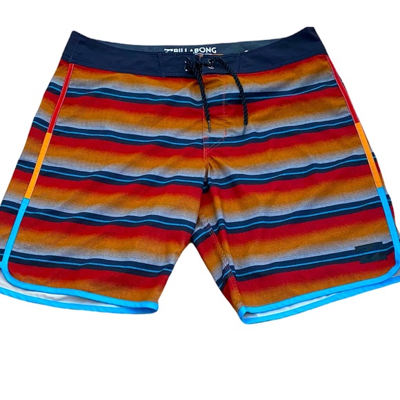 BILLABONG Black Red Orange Blue Stripe Board Shorts 36